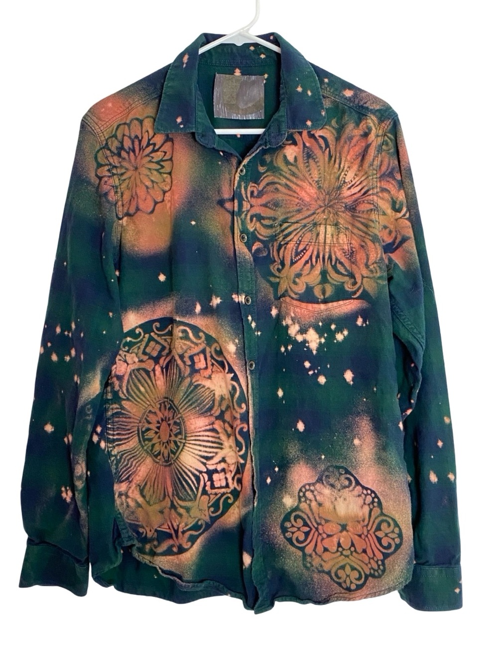 OOAK Custom Mandala Flannel Bleached Shirt Womens Size Large Upcycled Blue Green